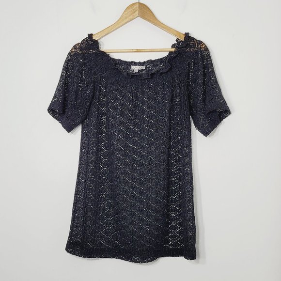 Joy Joy Sheer Lace Cover Up Mini Dress Short Sleeve Scoop Neckline Black Size XS - Picture 1 of 8